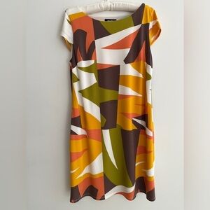 NINE WEST Cap Sleeve Lined Shift Dress Colour Block Geometric Travel Resort Chic
